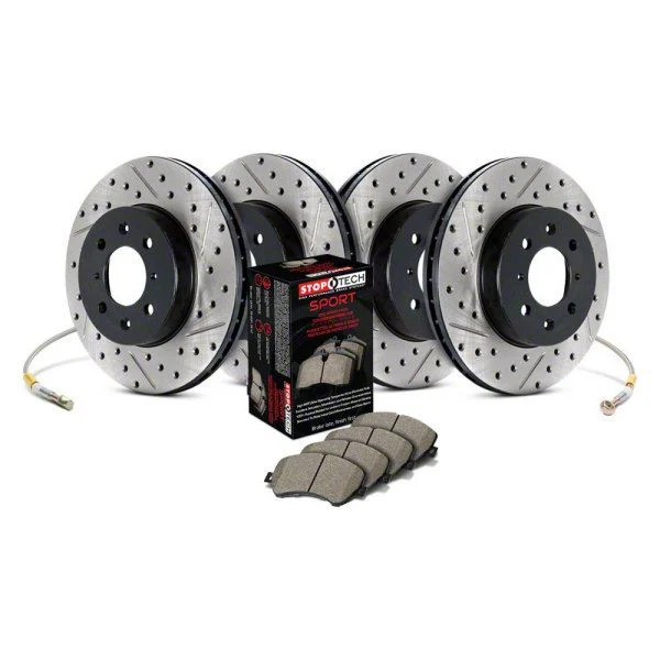 StopTech Sport Axle Slotted and Drilled Brake Rotor and Pad Kit; Front and Rear (13-16 5.7L HEMI & V6 Challenger w/ Performance Brakes; 17-23 6.4L HEMI Challenger w/ 4-Piston Front Calipers)