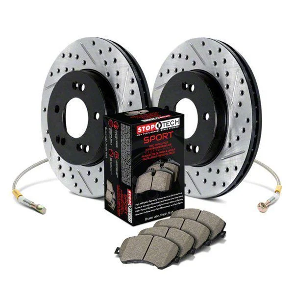 StopTech Sport Axle Drilled and Slotted Brake Rotor and Pad Kit; Rear (05-13 Corvette C6 Base w/ Standard Brake Package)