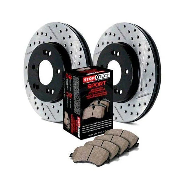 StopTech Sport Axle Slotted and Drilled Brake Rotor and Pad Kit; Rear (06-13 Corvette C6 427, Grand Sport, Z06 w/o Z07 Brake Package)