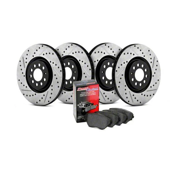 StopTech Street Axle Drilled and Slotted Brake Rotor and Pad Kit; Front and Rear (15-23 Mustang GT w/o Performance Pack, EcoBoost w/ Performance Pack)