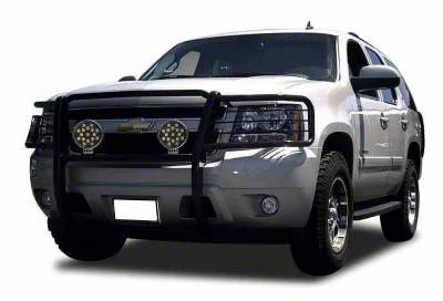 Grille Guard with 7-Inch Black Round LED Lights; Black (15-20 Tahoe w/o Active Grille Shutters)