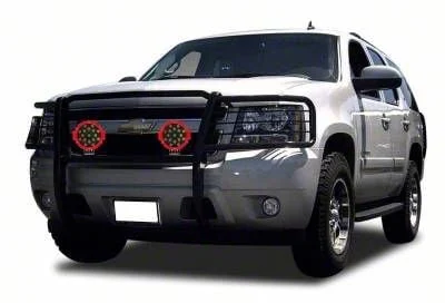 Grille Guard with 7-Inch Red Round LED Lights; Black (15-20 Tahoe w/o Active Grille Shutters)