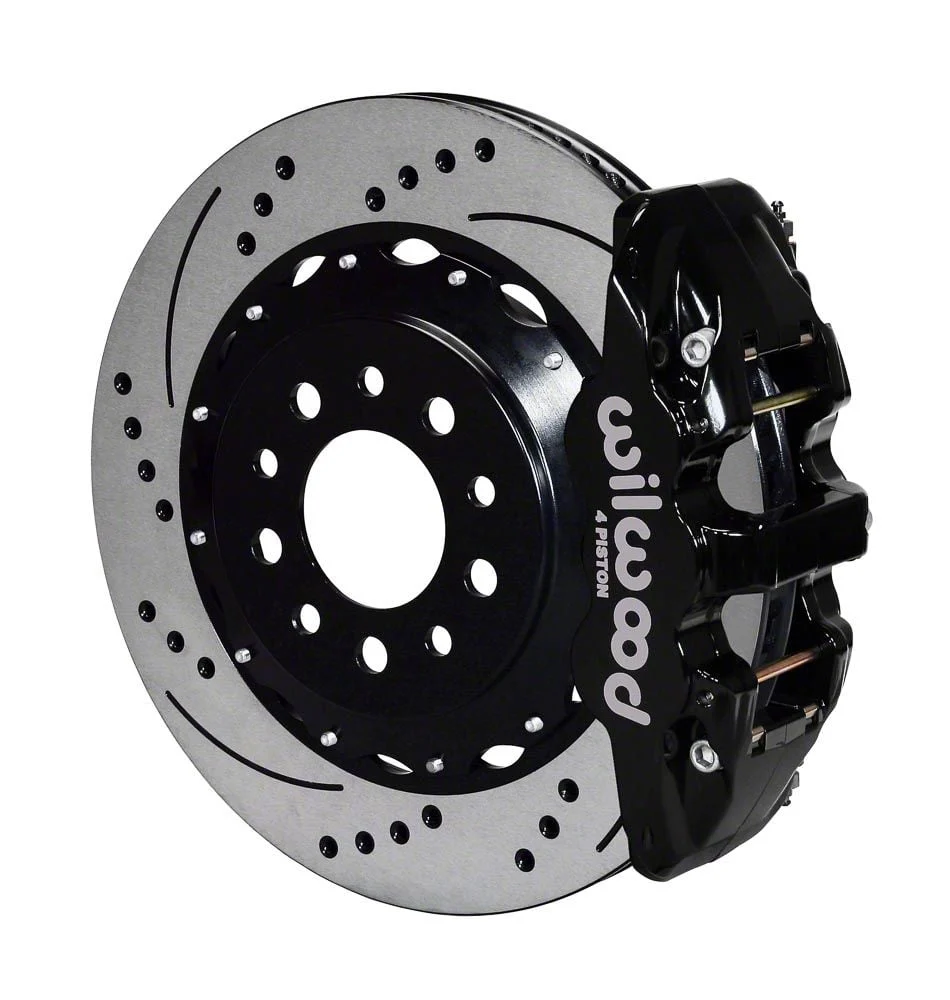 Wilwood AERO4 Rear Big Brake Kit with 14.25-Inch Drilled and Slotted Rotors for OE Parking Brake; Black Calipers (14-19 Corvette C7)