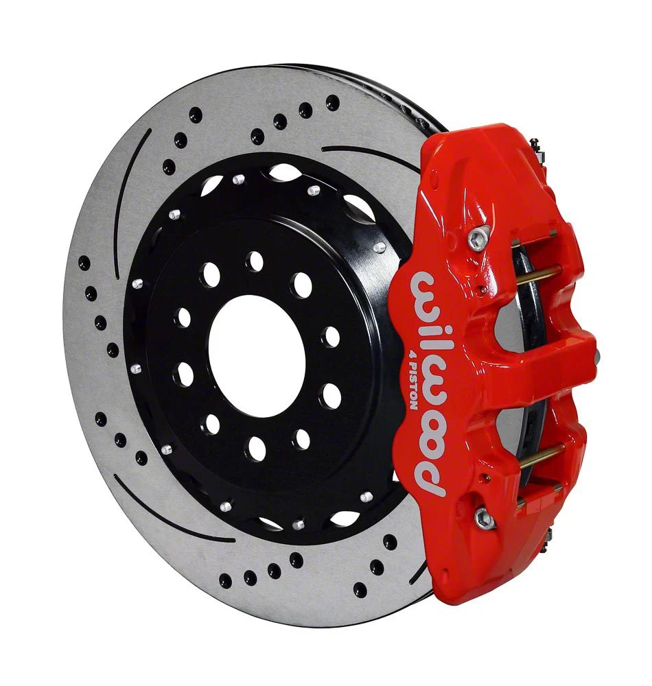 Wilwood AERO4 Rear Big Brake Kit with 14.25-Inch Drilled and Slotted Rotors for OE Parking Brake; Red Calipers (14-19 Corvette C7)